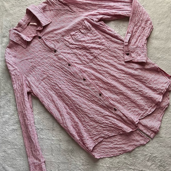 Free People No Limits Stripe Stretch Cotton Split Back Button Shirt Wine Small - Picture 1 of 12